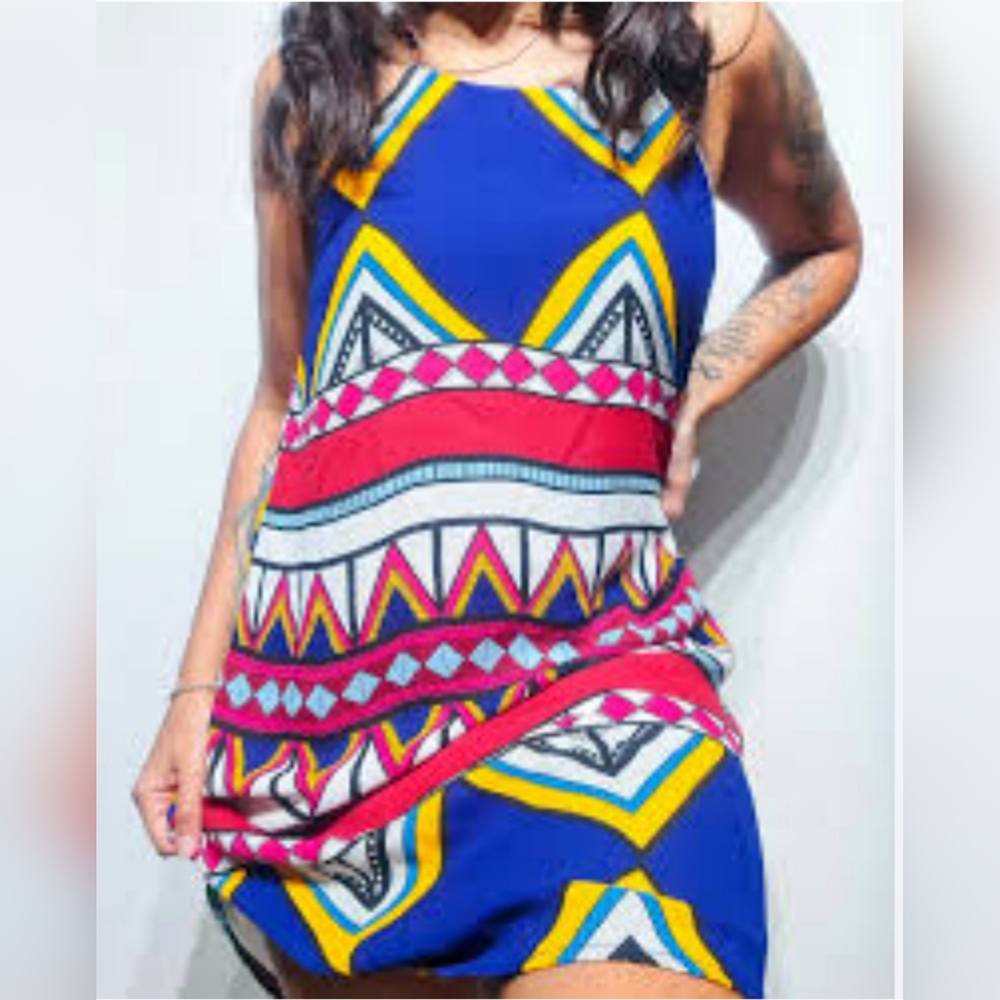 BUTTONS Boho Aztec Geometric Halter Slip Dress Vibrant Tribal Print Mini Medium